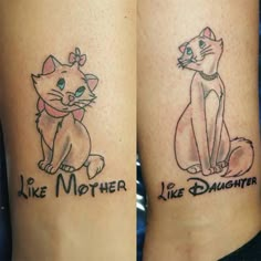 two tattoos on the legs of people who are both showing cats and one is saying like mother like daughter