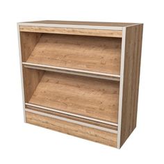 a wooden bookcase with two shelves on each side and white trim around the bottom