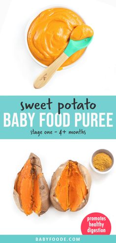 sweet potato baby food puree is shown with the title above it