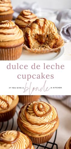 some cupcakes are on a wire rack with the words dulce de leche cupcakes behind them