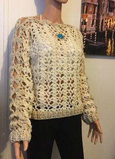 Hand made crochet sweater, cooler weather , 100% acrylic , made to order in your size and color Spring Crochet Acrylic Sweater, Spring Acrylic Crochet Sweater, Cozy Knitted Crochet Top For Fall, Cozy Crochet Top For Fall, Cozy Cream Crochet Sweater, Beige Crochet Crew Neck Top For Winter, Winter Bohemian Crochet Top With Long Sleeves, Fall Bohemian Crochet Top With Knit Fabrication, Fitted Knitted Bohemian Sweater