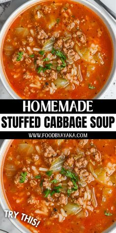 Bowl of stuffed cabbage soup, a hearty and comforting choice for holiday dinners. Stuffed Cabbage Roll Soup Instant Pot, Cabbage Roll Soup Keto, Cabbage Meatball Soup, Soup With Rice Recipes, Soup For When Your Sick, Stuffed Cabbage Soup Recipe, Russian Cabbage Soup Recipe, Christmas Soup Recipes, Cabbage Roll Soup Recipe