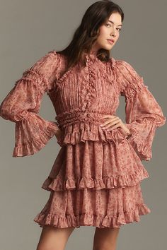 Chiffon polyester Zipper styling Machine wash Imported | Long-Sleeve Mock-Neck Ruffled Chiffon Mini Dress by Mac Duggal in Pink, Women's, Size: 10, Polyester/Chiffon at Anthropologie Silk Mini Dress With Ruffles And Long Sleeves, Chiffon Mini Dress, Mac Duggal, Chiffon Ruffle, Pink Mini Dresses, Neck Ruffle, Evening Wear, Mock Neck, The Dress