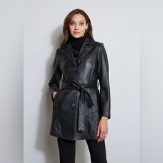 Brand New With Tags: Tahari Nicole Belted Leather Coat Unleash Your Inner Biker Babe In This Sleek Leather Trench Coat From Tahari, Designed With A Self-Tie Belt To Define The Waistline. Approx. Model Height Is 5'8" And She Is Wearing A Size Small Approx. 32" Long From Center Back To Hem Notched Collar; Front Button Closures Removable Belt Two Side Pockets Lined Shell: Leather; Lining: Polyester Professional Leather Clean Imported Elegant Belted Leather Jacket For Office, Elegant Fitted Belted Leather Jacket, Belted Leather Jacket For Office, Belted Leather Jacket For Formal Occasions, Office Leather Belted Jacket, Formal Fitted Belted Leather Jacket, Elegant Formal Belted Leather Jacket, Classic Belted Leather Jacket, Classic Leather Belted Jacket