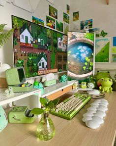 Today I will workout and then I have assignment work to do 🥹🌿🌱  What are your plans today? 💚🌱  Green, Ghibli, Desk, Totoro  • • • #green #cozy #stardew #studioghibli #stardewvalleyfarmer White And Green Pc Setup Aesthetic, Studio Ghibli Office, Room Ideas Ghibli, Cozy Green Aesthetic, Cute Computer Setup, Green Desk Aesthetic, Green Game Room, Green Desk Decor, Green Ghibli