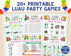 luau party games with the words luau party on it and an image of luau