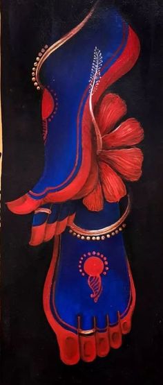 a painting of a blue shoe with red flowers on the bottom and one flower in the middle