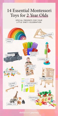 A collage of 14 essential Montessori toys for 2 year olds, featuring stacking rings, Pikler triangle, play couch, dress busy board, cleaning set, wooden blocks, ball drop tower, learning tower, safe kitchen tools, balance beam, animal toys, and educational toys, perfect for a Montessori playroom. Montessori For Two Year Olds, Montessori Toys For One Year Old, One Year Old Development Checklist, 2 Year Montessori Shelf, Open Ended Toys For Two Year Olds, Learning Tower, Toddler Development, Kid Friendly Activities