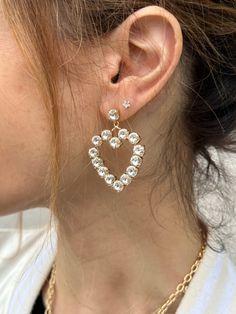 Plated in Gold 6 mm Aurora crystals 1.85" in Length and 1.4" in Width Stud Post Heart Diamond Earrings, Handmade Choker Necklace, Heart Rhinestone, Bride Earrings, Heart Drop Earrings, Rhinestone Heart, Wedding Jewelry Earrings, Drop Dangle Earrings, Earrings Long