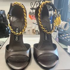 Brand New Never Worn Authentic Luxury Chain Strap Sandals For Formal Occasions, Luxury Formal Sandals With Chain Strap, Luxury Sandals With Chain Strap And Open Heel, Designer Gold Heels With Chain Strap, Formal Chain Print Heels, Leather Sandals With Chain Strap And Open Heel, Luxury Chain Heels For Evening, Leather High Heel Sandals With Chain Strap, Designer Open Toe Heels With Chain Strap