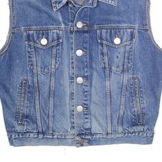 Item is in used condition. Marks on front. >Size: L >Armpit To Armpit: 26" >Armpit To Cuff: N/A" >Collar To Hem: 25" Denim Gilet, Blue Denim, Cuff, Collar, Blue