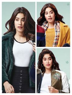 three pictures of different women in jackets and sweaters, one is wearing a white top