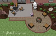 an aerial view of a patio and fire pit