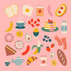 an assortment of food items on a pink background