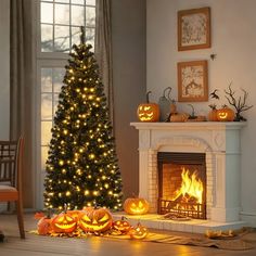 a decorated christmas tree in front of a fireplace with pumpkins and jack - o'- lanterns