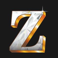 the letter z is made up of shiny gold and white crystals on a black background