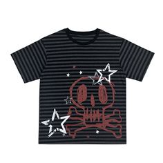 This T-shirt features a stylish black and gray striped design. The front is adorned with a striking pentagram and skeleton print, while the back also showcases a pentagram print. Perfect for those who love a blend of edgy and chic fashion, this T-shirt is a must-have addition to your wardrobe. The high-quality fabric ensures comfort and durability, making it ideal for everyday wear or special occasions where you want to stand out. Embrace your unique style with this eye-catching piece!  The pric Steampunk Fashion Female, Purple Gothic, Steampunk Fashion Male, Skeleton Print, Pink Letter, Black Long Sleeve Top, Pink Plaid, Printed Ties, Outfits With Hats