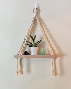 a potted plant sitting on top of a wooden shelf next to a white wall