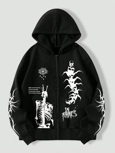 Men's Gothic Pattern Printed Zip Up Hoodie, School Black Casual  Long Sleeve Knitted Fabric Halloween Zip Up Slight Stretch  Men Clothing, size features are:Bust: ,Length: ,Sleeve Length: Hoodie Design Men, Gothic Hoodies, Mens Grunge, Punk Hoodie, Moda Grunge, Grunge Jacket, Punk Man, Black Zip Up Hoodie, Grunge Clothes