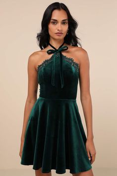 Emerald Velvet Lace Dress - Halter Bow Dress - Mini Skater Dress - Lulus Chic Green Velvet Dress, Mini Dress Prom, Mini Dress Velvet, Velvet Halter Dress, Velvet Lace Dress, Dress Stores, Emerald Velvet, Skater Mini Dress, Trendy Christmas Outfits