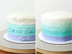 two cakes with different colored frosting sitting on top of each other, one is white and the other is blue