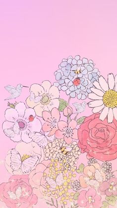 a bunch of flowers on a pink background