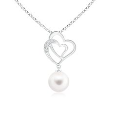 Depicting the sweet bond between two hearts, this pearl heart pendant is a beautiful interpretation of everlasting love. A Freshwater cultured pearl hangs from intertwined hearts crafted in 14K white gold. One of the twin interlocked hearts is accented with glistening diamonds, adding a dazzling edge to this solitaire pearl pendant. Small Pearl Necklace, Heart Pendant Necklace Silver, Intertwined Hearts, Pearl Drop Necklace, Pearl Necklace Set, Necklace Ideas, Pearl Heart, Cultured Pearl Necklace, Gold Pearl Necklace