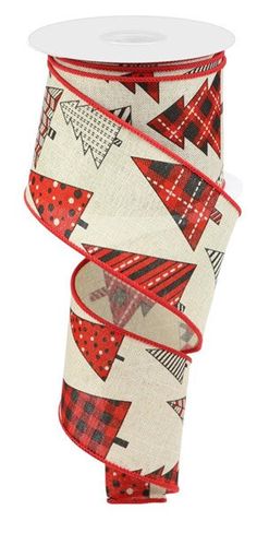 Gingham, Polka Dot, & Striped Christmas Trees Wired Ribbon - Beige, Red, Black - 2.5 Inches x 10 Yards (30 Feet) Red Black Christmas, Christmas Wired Ribbon, Plaid Christmas Tree, Tan Background, Plaid Ribbon, Tree Canvas, Burlap Ribbon, Wreath Bow, Tree Patterns