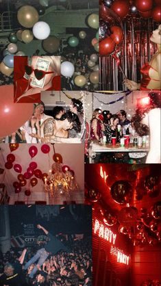 a collage of photos with balloons and people in the background, including an image of a party