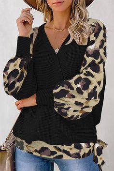 Black Leopard Splicing V-neck Lantern Sleeve Waffle Knit Sweatshirt Wholesale Sweatshirts, Patch Work Blouse, Trendy Fashion Outfits, Womens Tops Summer, Black Leopard, Fashion Color, Knit Sweatshirt, Women's T Shirts, Lantern Sleeve