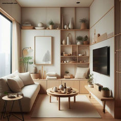 a living room filled with furniture and a flat screen tv sitting on top of a wooden shelf