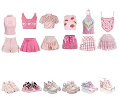 there are many different types of clothes and shoes for dolls in this set, including skirts, tops, vests, shorts, socks, sneakers, and slippers