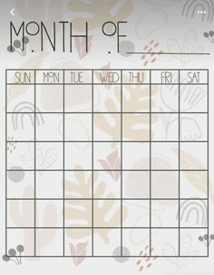 a calendar with leaves on it and the words month of sun mentue wed th friday