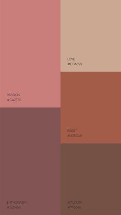 some different shades of brown, pink and red with the words love in each color