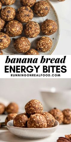 banana bread energy bites in a white bowl with pecans on the side and text overlay