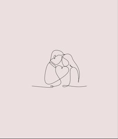 one line drawing of two people hugging each other on a light pink background with the words love written below it