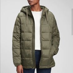 New With Tags Color Is Called Surplus Green Hits At The Hip Straight Silhouette Lightweight Puffer Jacket, Advertising And Promotion, Gap Jacket, Gap Jackets, Zipper Jacket, Work Life, Guess Jeans, The Gap, Fashion Essentials