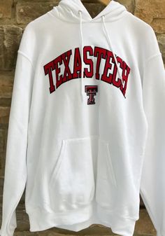 Alternative image 1 for Champion Texas Tech Red Raiders Mens White Arch Logo Long Sleeve Hoodie. White Cotton Hoodie For Game Day, White Cotton Hoodie For Fan Gear, White Hoodie With Team Name For Fall, White Collegiate Hoodie For Fan Gear, White Collegiate Hoodie For Fall, Collegiate White Hoodie For Fall, White Hoodie Winter School Spirit, White Hoodie For College School Spirit, White Cotton Team Hoodie