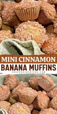 mini cinnamon banana muffins are stacked on top of each other with the title above it