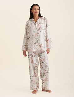 A soft floral PJ made from lightweight & breathable pure cotton. 100% Cotton Sateen Ribbon Trim Chest pocket on shirt Lightweight Breathable Light Drape Fibers are biodegradable Our model is a size 4-6 and wears a small in these images. Soft Floral, Ribbon Trim, Pj Sets, Sea Salt, Mix Match, Chest Pocket, Pure Cotton, Biodegradable Products, Full Length