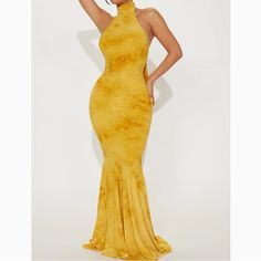 Brand New, With Tags Size M Textured Maxi Dress Tie Halter Mock Neck Mermaid Silhouette Backless Stretch Disclaimer Pattern Placement May Vary Self: 95% Polyester 5% Spandex Lining: 100% Polyester Fitted High Neck Maxi Dress For Summer, Fitted Yellow Maxi Dress For Date Night, Yellow Stretch Maxi Dress For Night Out, Stretch Yellow Maxi Dress For Night Out, Yellow Fitted Halter Neck Maxi Dress, Textured Maxi Dress, Mermaid Silhouette, Fashion Nova Dress, Fashion Nova Dresses