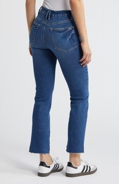 Made from superstretchy denim, these step-hem jeans complement every curve and feature a contoured waist to prevent gapping. 28" inseam; 14" leg opening; 11" front rise; 14" back rise (size 8) Zip fly with button closure Five-pocket style 94% cotton, 4% elastomultiester, 2% elastane Machine wash, dry flat Imported Black Owned/Founded Hem Jeans, Good American, Nordstrom Store, Fabric Gifts, Free Fabric, Straight Leg Jeans, Leg Jeans, Straight Leg, Nordstrom