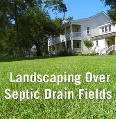 the words landscaping over sepic drain fields in front of a large white house and trees