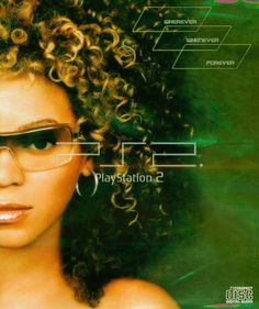 the poster for play station 2 shows a woman with curly hair and glasses