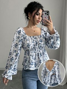 Women's Casual Ditsy Floral Cinched Waist Puff Sleeve Shirt, Spring & Summer Blue and White Boho  Long Sleeve Woven Fabric Floral,Plants,All Over Print Peplum Non-Stretch  Women Clothing, size features are:Bust: ,Length: ,Sleeve Length: Trendy Tops For Women Casual, Long Sleeve Blouse Outfit, Floral Top Outfit, Tops For Women Stylish, Stylish Kurtis Design, Trendy Fashion Tops