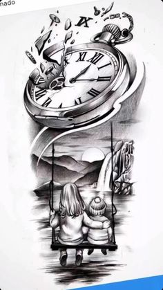 a black and white drawing of a woman sitting on a swing in front of a clock