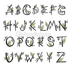 the alphabet with green leaves on it and letters that are drawn by hand in black ink