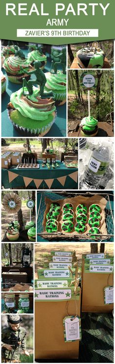 a collage of photos with green and brown desserts on display in front of trees