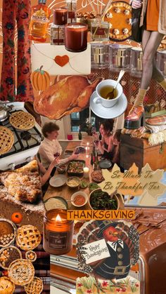 a collage of thanksgiving items including pies, cookies and other things to eat