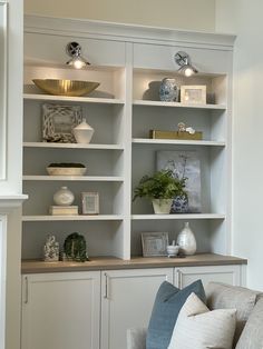 a living room filled with lots of white bookshelves covered in vases and plants